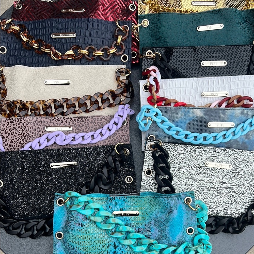 Phone leather Clutch with assorted Chain Handle and in many finishes/prints